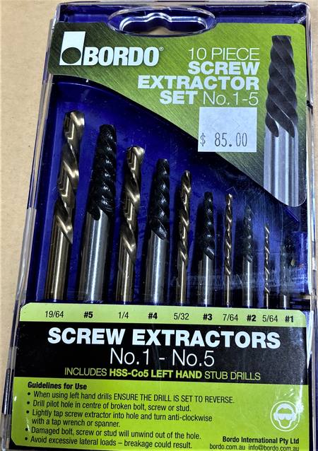 Screw extractor set , 10pc , No.1-5
